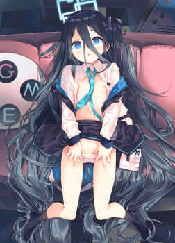 1girl absurdly_long_hair arikawa_satoru aris_(blue_archive) black_hair blue_archive blue_eyes blush clothes_lift commentary_request flat_chest halo highres jacket loli long_hair looking_at_viewer lying navel nipples on_back open_clothes open_jacket open_shirt panties panty_pull parted_lips skirt skirt_lift solo underwear very_long_hair white_panties