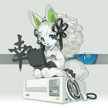 1girl absurdres animal_ears bike_shorts blue_eyes blue_nails blue_tongue cable chest_tuft chinese_commentary chinese_text colored_tongue commentary computer english_commentary eyeliner flat_chest flower_knot fluffy_hair fox fox_ears fox_girl fox_tail furry furry_female geta green_eyeliner grey_fur grey_hair hakama hakama_short_skirt hakama_skirt highres holding holding_laptop japanese_clothes kimono kneeling kosode krita_(medium) laptop long_hair looking_at_viewer magnetic_tape makeup mascot miko open_mouth original sachi_the_spirit_fox signature simple_background sitting skirt smile socks spirit_animals_in_disguise tail tape_drive tyson_tan