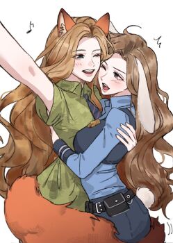 Rule 34 | 2girls, animal ears, arm up, belt, blue shirt, brown hair, collared shirt, commentary request, cosplay, eighth note, fox ears, fox girl, fox tail, green shirt, hearts2hearts, highres, judy hopps, judy hopps (cosplay), korean commentary, long hair, mogi783751, multiple girls, musical note, necktie, nick wilde, nick wilde (cosplay), one eye closed, police, police uniform, policewoman, rabbit ears, rabbit girl, real life, shirt, stella (hearts2hearts), tail, tail wrap, yuha (hearts2hearts), zootopia