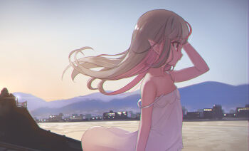 1girl bare_shoulders collarbone commentary_request diffraction_spikes dress expressionless grey_hair highres hill long_hair makaino_ririmu makaino_ririmu_(3rd_costume) multicolored_hair nijisanji outdoors pointy_ears profile red_eyes red_hair sabamen scenery sky solo strap_slip streaked_hair twilight upper_body virtual_youtuber water white_dress