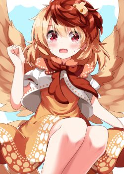 1girl animal animal_on_head baby_animal bird bird_girl bird_on_head bird_wings blonde_hair blush bow bowtie chick commentary_request completion_time dress feet_out_of_frame hand_up highres looking_at_viewer multicolored_hair niwatari_kutaka on_head open_mouth orange_dress red_bow red_bowtie red_eyes red_hair ruu_(tksymkw) shirt short_hair short_sleeves solo tears touhou two-tone_hair white_shirt wings