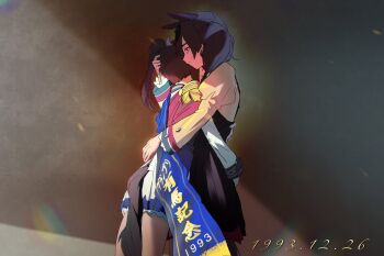 2girls animal_ears black_dress brown_hair brown_shirt cape closed_mouth dress ear_covers earrings feet_out_of_frame hand_on_another&#039;s_head highres horse_ears horse_girl horse_tail hug jacket jewelry lens_flare long_hair long_sleeves multiple_girls mutual_hug nice_nature_(umamusume) ponytail shade shirt skirt standing tail timestamp tokai_teio_(peak_joy)_(umamusume) tokai_teio_(umamusume) twintails umamusume utsuru4 white_jacket white_skirt