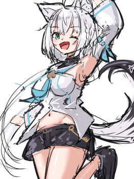 1girl ahoge animal_ears arm_up black_shoes black_shorts blue_eyes breasts commentary_request detached_sleeves fox_ears fox_girl fox_tail hololive hood hoodie looking_at_viewer medium_breasts navel one_eye_closed open_mouth shirakami_fubuki shirakami_fubuki_(1st_costume) shoes shorts smile solo tail u_da_desu virtual_youtuber white_background white_hair white_hoodie white_sleeves