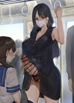 1futa 1girl bar_censor black_hair black_panties breasts brown_hair censored clothes collar ear_piercing erection female_pubic_hair futanari heart highres large_breasts large_penis long_hair mask mesisinja mouth_mask on_vehicle original panties penis penis_awe piercing pubic_hair public_indecency school_uniform sitting surprised testicles train train_interior twintails underwear vehicle veins veiny_penis
