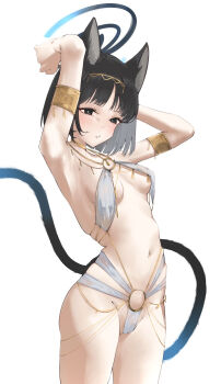 1girl alternate_costume animal_ear_fluff animal_ears armpits arms_behind_head bikini black_eyes black_hair blue_archive blue_halo blush breasts cat_ears cat_girl cat_tail commentary_request dancer diksiuw halo highres kikyou_(blue_archive) multiple_tails navel parted_lips short_hair small_breasts solo stomach swimsuit tail two_tails white_bikini