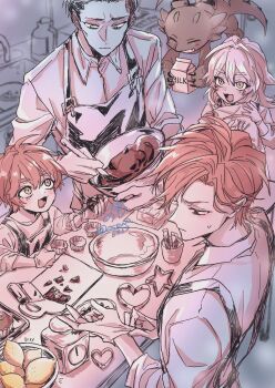 1girl 4boys apron beacrox_molan black_hair bowl brother_and_sister brothers cale_henituse child chocolate cooking dated dragon food heart highres holding hong_(lout_of_count&#039;s_family) kitchen lout_of_count&#039;s_family milk_carton mixing_bowl multiple_boys ohn_(lout_of_count&#039;s_family) open_mouth osewa6363 raon_miru red_hair shirt short_hair siblings smile whisk yellow_eyes