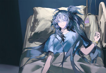 1girl arknights astesia_(arknights) bed blue_eyes blue_hair blue_shirt bright_pupils detached_sleeves hospital hospital_bed intravenous_drip pillow purple_eyes shirt short_sleeves solo under_covers upper_body white_pupils yuji_(fantasia)