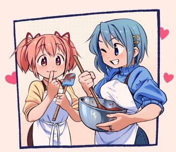 2girls ;d apron blue_eyes blue_hair blue_shirt blue_skirt chocolate commentary cooking english_commentary gloamy grin hair_ornament hairclip heart highres holding holding_spatula jewelry kaname_madoka mahou_shoujo_madoka_magica miki_sayaka multiple_girls one_eye_closed open_mouth outside_border pink_eyes pink_hair ring shirt short_twintails skirt smile sparkling_eyes spatula twintails white_apron yellow_shirt