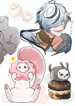 1boy ahoge animal bird black_hair blade_(nu_carnival) blue_gem blue_shirt brown_collar collar collarbone cookie creature cupcake donut ermine father_(nu_carnival) food gem grey_eyes hair_over_one_eye heart highres holding holding_food looking_at_viewer male_focus medium_hair miyamoyan multicolored_hair multiple_views muscular nu_carnival open_mouth owl pendant_collar sharp_teeth shirt simple_background smile sparkle streaked_hair teeth topper_(nu_carnival) two-tone_hair weasel white_background white_hair