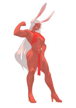 1girl abs animal_ears ankle_strap arm_up bare_shoulders boku_no_hero_academia breasts cleavage clenched_hand commentary dark-skinned_female dark_skin english_commentary flexing full_body half-closed_eyes hand_on_own_hip high_heels highres large_breasts long_eyelashes long_hair looking_at_viewer mirko muscular muscular_female navel parted_bangs pelvic_curtain rabbit_ears rabbit_girl rebigaki red_eyes red_loincloth red_shoes revealing_clothes shoes sideboob simple_background solo stomach teeth thick_thighs thigh_strap thighs very_long_hair white_background white_hair
