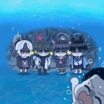 1boy 4girls air_bubble animal_ears asphyxiation black_hoodie black_jacket blue_archive bubble cat_ears clothes_on_shoulders commentary_request demon_horns doodle_sensei_(blue_archive) drowning false_smile halo haori hood hooded_jacket hoodie horns jacket japanese_clothes jitome kayoko_(blue_archive) kazusa_(blue_archive) kikyou_(blue_archive) kumata_(kuma_no_eki) lightning_glare misaki_(blue_archive) multiple_girls school_uniform sensei_(blue_archive) serafuku shaded_face smile trait_connection underwater white_jacket