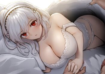 Rule 34 | 1boy, 1girl, azur lane, bare shoulders, bed, bed sheet, blanket, blush, breasts, camisole, cleavage, commentary request, hair between eyes, hairband, hand on another's hand, highres, holding hands, huge breasts, lace-trimmed hairband, lace trim, lingerie, looking at viewer, lying, on bed, open mouth, panties, pillow, pov, pov across bed, pyz (cath x tech), red eyes, short hair, sidelocks, sirius (azur lane), solo focus, under covers, underwear, white hair, white panties