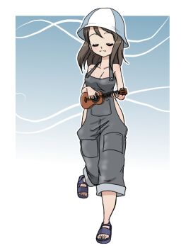 1girl alternate_costume blush breasts brown_hair cleavage closed_eyes closed_mouth collarbone flip-flops girls_und_panzer grey_footwear grey_overalls holding holding_instrument holding_ukulele instrument long_hair mika_(girls_und_panzer) music naked_overalls official_alternate_costume overalls playing_instrument sandals slides striped_hat takahashi_kurage ukulele