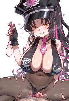 1boy 1girl absurdres alternate_breast_size_(larger) artistic_error bare_arms black_gloves black_hair black_panties black_pantyhose black_vest blush breasts chaldea_logo cleavage clothing_aside collarbone colored_inner_hair commentary condom condom_on_penis cosplay covered_navel cowgirl_position cum ebora english_commentary extra_digits facial_mark fate/grand_order fate_(series) fingerless_gloves forehead_mark girl_on_top gloves grin hat heavy_breathing hetero highres holding holding_condom huge_breasts long_hair long_sidelocks looking_at_viewer multicolored_hair necktie open_mouth panties panties_aside pantyhose peaked_cap penis pink_hair pink_necktie ponytail pussy_juice revision sessyoin_kiara sessyoin_kiara_(cosplay) sessyoin_kiara_(lily) sessyoin_kiara_(swimsuit_mooncancer)_(second_ascension) sex shiny_skin short_necktie sideboob sidelocks simple_background smile straddling streaked_hair teeth torn_clothes torn_pantyhose uncensored underwear used_condom vaginal very_long_hair vest white_background yellow_eyes
