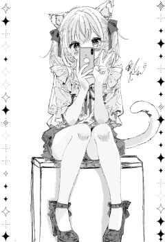 1girl animal_ear_fluff animal_ears bare_legs black_ribbon blush cat_ears cat_girl cat_tail cellphone commentary footwear_ribbon frilled_shirt frilled_sleeves frills highres holding holding_phone ichiya_refi looking_at_viewer monochrome original phone ribbon shirt short_twintails signature sitting smartphone star_(symbol) symbol-only_commentary tail twintails v white_background white_hair white_tail