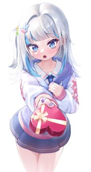 1girl bandaid bandaid_on_finger bandaid_on_hand blue_eyes blue_hair blue_jacket blue_necktie box gawr_gura gawr_gura_(school_uniform) gift hair_ornament heart-shaped_box highres holding holding_gift hololive hololive_english hyeonin_gentora jacket looking_at_viewer medium_hair multicolored_hair necktie official_alternate_costume one_side_up open_mouth rabbit_hair_ornament shirt solo streaked_hair virtual_youtuber white_shirt