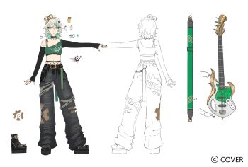 1girl azuzatori bass_guitar black_boots black_pants black_sleeves boots cecilia_immergreen commentary crop_top denim double-parted_bangs electric_guitar english_commentary flat_chest full_body green_eyes green_hair green_shirt grey_hair guitar hair_between_eyes hair_ornament highres hololive hololive_english instrument jeans looking_at_viewer midriff mixed-language_commentary multicolored_hair multiple_views navel pants platform_boots shirt simple_background single_off_shoulder spiked_hair streaked_hair torn_clothes torn_pants virtual_youtuber white_background winding_key