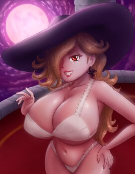 1girl 2022 absurdres alcina_dimitrescu alcina_dimitrescu_(cosplay) alternate_breast_size bikini blonde_hair breasts bulging_breasts capcom cosplay crossover dark_sky earrings elf g-string highres huge_breasts jewelry large_hat lingerie long_hair looking_at_viewer mario_(series) moon moonlight nintendo pale_skin pointy_ears purple_sky red_eyes resident_evil resident_evil_village rosalina saf-404 sky smile super_mario_galaxy swimsuit tagme thong underwear white_bikini