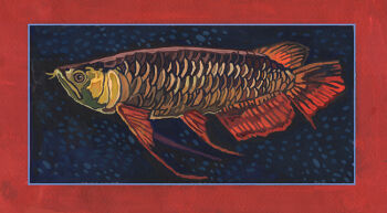 Rule 34 | animal, animal focus, arowana, border, commentary, english commentary, fish, from side, full body, jagalart, no humans, original, painterly, red border, simple background