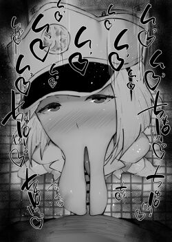 1boy 1girl :&gt;= anatomical_nonsense bar_censor bleach blush censored commentary_request copyright_name erection fellatio greyscale hat hetero kurotama liltotto_lamperd looking_at_viewer mixed-language_text monochrome nose_blush oral peaked_cap penis perverted_utility pov pov_crotch saliva short_hair solo_focus squatting sweat tile_floor tiles what