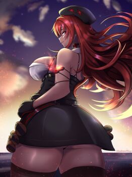 1girl absurdres artist_name ashes ass bare_shoulders blurry blurry_background breasts goddess_of_victory:_nikke hat highres huge_ass large_breasts long_hair looking_back rapi_(nikke) rapi_(red_hood)_(nikke) red_hair skirt smile sunset xennie