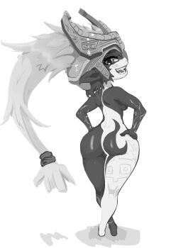 1girl 2018 :d arm_tattoo ass ass_focus barefoot black_skin blue_skin breasts butt_crack collarbone colored_skin commentary covered_eyes crossed_legs english_commentary fang fang_out from_behind full_body hands_on_own_hips head_tilt helmet helmet_over_eyes highres huge_ass kneepits leg_tattoo lisden long_hair looking_at_viewer looking_back midna monochrome multicolored_skin navel nintendo nude open_mouth pointy_ears ponytail prehensile_hair red_eyes shadow short_hair shortstack shoulder_blades sideboob simple_background small_breasts smile standing tattoo the_legend_of_zelda the_legend_of_zelda:_twilight_princess thick_thighs thighs tsurime two-tone_skin very_short_hair white_background wide_hips