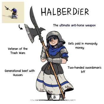 Rule 34 | 1girl, absurdres, age of empires (series), age of empires ii, black eyes, black hair, character name, english text, gauntlets, halberdier (age of empires 2), helmet, highres, holding, holding weapon, kabewski, looking at viewer, short hair, short sleeves, smile, solo, standing, weapon