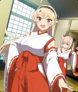 Rule 34 | 2girls, :d, ahoge, black bow, black hairband, blonde hair, blue eyes, bow, breasts, brown eyes, clothing cutout, collarbone, detached sleeves, dot nose, double-parted bangs, dutch angle, game cg, hair bow, hair horns, hairband, hakama, hand on own hip, hip vent, indoors, japanese clothes, kohagura ellen, kosode, large breasts, long hair, long sleeves, looking at viewer, mashiko kaoru, multiple girls, nontraditional miko, official art, open mouth, outstretched arm, oversized clothes, pink hair, red hakama, single bare shoulder, single off shoulder, sleeveless, smile, tatami, teeth, third-party source, toji no miko, toji no miko: kizamishi issen no tomoshibi, twintails, upper teeth only, white sleeves, window