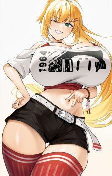 1girl ;d absurdres ahoge belt black_shorts blonde_hair blush bra breasts commentary_request curvy green_eyes grey_background grin hair_between_eyes hair_ornament hairclip hand_on_own_hip highres huge_breasts long_hair looking_at_viewer one_eye_closed open_mouth ponytail red_bra red_thighhighs shirt shorts sidelocks smile solo standing teeth tenneko_yuuri thighhighs tsurumaki_maki underwear very_long_hair voiceroid white_shirt