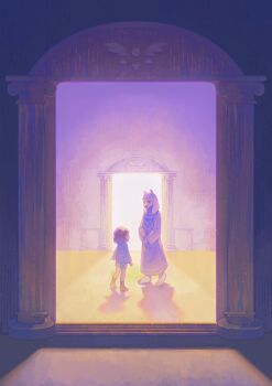 1girl 1other :d absurdres ankle_boots backlighting barefoot blue_shirt blue_shorts bob_cut boots brown_boots brown_hair closed_eyes commentary door english_commentary face-to-face fangs frisk_(undertale) full_body furry furry_female goat_girl height_difference highres horns indoors kiriyume long_sleeves looking_at_another open_mouth own_hands_together pillar pink_shirt purple_eyes purple_robe robe shadow shirt short_hair shorts skin_fangs smile standing striped_clothes striped_shirt toriel turtleneck two-tone_shirt undertale utdr_(toby_fox) v_arms white_fur wide_shot