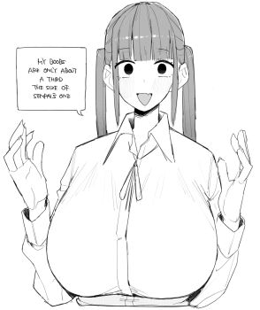 Rule 34 | 1girl, :d, blunt bangs, blush, boobs kouhai (ohasi), breasts, collared shirt, cropped torso, dress shirt, empty eyes, english text, fang, greyscale, hands up, highres, huge breasts, long sleeves, monochrome, neck ribbon, ohasi, open mouth, original, ribbon, school uniform, shirt, sidelocks, simple background, skin fang, smile, solo, speech bubble, twintails, white background