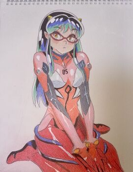1girl between_legs bodysuit colored_pencil_(medium) cone_horns crossover glasses hand_between_legs highres horns lum mecha_pilot_suit neon_genesis_evangelion orange_eyes own_hands_together pointy_ears red-framed_eyewear red_bodysuit sidelocks sitting solo tomo_okame0106 traditional_media urusei_yatsura wariza