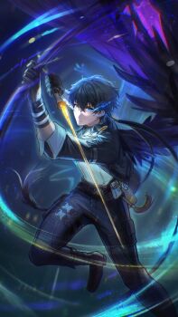 Rule 34 | 1boy, asukayou, asymmetrical dual wielding, black hair, black jacket, black pants, blue eyes, chinese commentary, closed mouth, commentary request, dual wielding, eye trail, grey shirt, hair between eyes, heterochromia, highres, holding, holding scythe, holding sword, holding weapon, jacket, light trail, long hair, looking at viewer, male focus, male rover (wuthering waves), pants, purple wings, rover (wuthering waves), scythe, shirt, single wing, solo, sword, weapon, wings, wuthering waves, yellow eyes