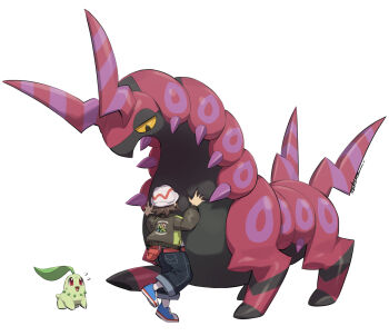 1boy black_pants brown_hair brown_jacket chikorita fedora gen_2_pokemon gen_5_pokemon hat highres hug jacket makoto_ikemu nintendo pants paxton_(pokemon) pokemon pokemon_(creature) pokemon_legends:_z-a scolipede simple_background white_background white_hat