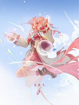 1girl absurdres chinese_commentary commentary_request detached_sleeves full_body furioso genshin_impact hair_between_eyes hair_intakes hair_wings head_wings highres jumping linnea_(genshin_impact) medium_hair pink_eyes pink_hair pointy_ears solo two-tone_wings white_sleeves wings