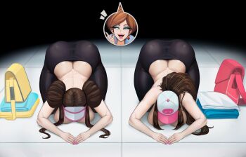 3girls apologizing ass professor_juniper black_pantyhose breasts brown_hair butt_crack character_name dogeza earrings english_text folded_clothes hat hilda_(pokemon) jewelry large_breasts long_hair multiple_girls nail_polish nintendo on_floor open_mouth pantyhose picturd pink_nails pokemon pokemon_bw pokemon_bw2 ponytail rosa_(pokemon) tagme