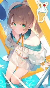 1girl alternate_costume alternate_hair_length alternate_hairstyle aqua_hair arm_support beret bikini bikini_under_clothes blonde_hair blunt_bangs blush breasts brown_hair buttons closed_mouth detached_collar double-breasted from_above gladiator_sandals green_bikini green_eyes hair_ornament hashtag-only_commentary hat highres indie_virtual_youtuber long_hair long_sleeves mini_hat miniskirt multi-strapped_bikini_bottom neck_ribbon off-shoulder_shirt off_shoulder pom_pom_(clothes) pom_pom_hair_ornament pool poolside puffy_long_sleeves puffy_sleeves ribbon sabumirinaru sandals see-through_clothes see-through_skirt see-through_sleeves shigure_ui_(vtuber) shirt side_part skirt small_breasts soaking_feet solo surprised swimsuit tilted_headwear virtual_youtuber white_hat white_shirt white_skirt wide_ponytail