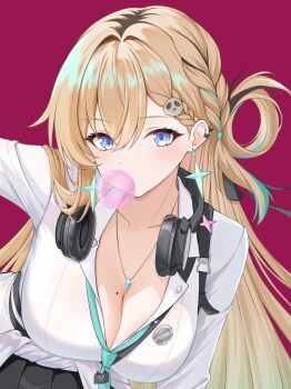 Rule 34 | 1girl, aqua necktie, blonde hair, blowing bubble gum, blue eyes, breasts, chewing gum, cleavage, collarbone, ear piercing, earrings, eyeliner, hair between eyes, hair ornament, hand up, headphones, headphones around neck, highres, jewelry, large breasts, lynae (wuthering waves), makeup, mole, mole on breast, multicolored hair, necklace, necktie, piercing, red background, red eyeliner, richou (17758124), shirt, simple background, skull hair ornament, solo, star (symbol), star earrings, streaked hair, upper body, white shirt, wuthering waves