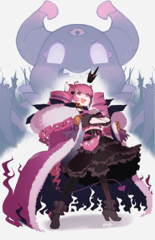 1girl black_pantyhose black_shirt black_skirt bubi_(ironmouse) coat commentary crossed_arms demon_girl demon_horns demon_tail drill_hair english_commentary epebe fang frilled_skirt frills fur-trimmed_coat fur_trim hair_ornament heart heart_hair_ornament highres horns ironmouse ironmouse_(brat_princess) long_hair looking_at_viewer open_mouth pantyhose pink_coat pink_hair purple_streaks shirt skin_fang skirt smile solo tail very_long_hair virtual_youtuber vshojo