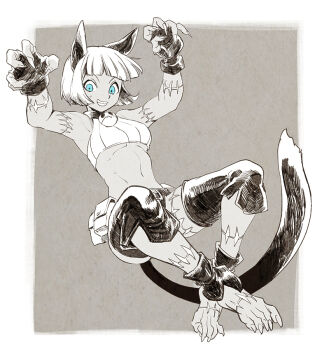 1girl animal_ears blue_eyes breasts cat_ears cat_girl cat_tail detached_pants fingernails full_body greyscale grin midriff monochrome ms._fortune_(skullgirls) scar scar_on_arm scar_on_leg sharp_fingernails sharp_toenails short_hair skullgirls smile solo spot_color tail toenails underboob yuza