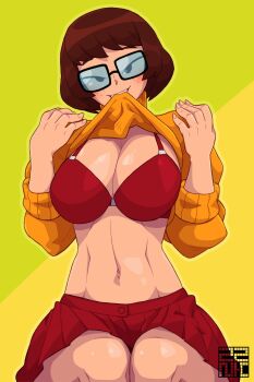 1girl bra breasts brown_hair clothes_lift curvy freckles glasses green_background highres large_breasts looking_at_viewer orange_sweater red_bra red_skirt scooby-doo short_hair simple_background skirt smile solo sweater sweater_lift thighs underwear velma_dinkley yellow_background zznakuu