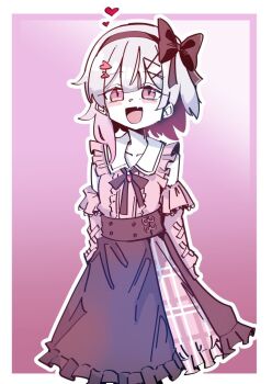 1girl :d arms_behind_back black_bow black_hairband black_skirt book_off border bow clothing_cutout collared_shirt commentary cowboy_shot fang frilled_shirt frilled_skirt frills gradient_background hair_bow hair_ornament hairband heart long_sleeves looking_at_viewer mahou_shoujo_no_majo_saiban official_alternate_costume open_mouth outline pink_background pink_eyes pink_shirt sakuraba_ema shirt short_hair shoulder_cutout skirt smile solo standing symbol-only_commentary white_border white_hair white_outline x_hair_ornament zassou_maruko