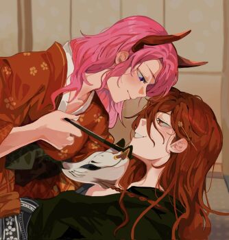 2girls black_kimono closed_mouth commentary demon_horns english_commentary folding_fan fox_mask grin hand_fan highres holding holding_fan horns japanese_clothes jinx_(league_of_legends) kid_sppinarl kimono league_of_legends long_hair looking_at_another lux_(league_of_legends) mask multiple_girls obi pink_hair purple_eyes red_eyes red_hair red_kimono sash smile star_guardian_(league_of_legends) star_guardian_jinx star_guardian_lux yuri