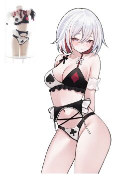 Rule 34 | 1girl, arm behind back, armband, blue eyes, bra, breasts, club (shape), colored inner hair, commentary, cowboy shot, diamond (shape), english commentary, frilled armband, frilled bra, frilled garter belt, frills, garter belt, grey hair, highres, honkai: star rail, honkai (series), light blush, miclipse, multicolored hair, panties, reference inset, short hair, solo, spade (shape), thighs, topaz (honkai: star rail), underwear, underwear only, white background