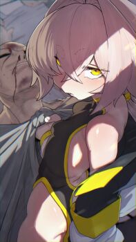 1boy 1girl absurdres after_battle bare_shoulders black_dress bleeding blood breasts china_dress chinese_clothes dress highres injury jacket long_hair low_twintails no_panties open_clothes open_jacket original pink_hair rikudo_yayoi sawtatsu side_slit small_breasts twintails very_long_hair yellow_eyes