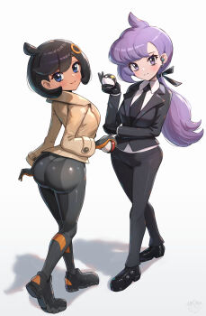2girls absurdres anabel_(pokemon) ass black_hair black_pants black_shoes blue_eyes blush bodysuit brown_coat coat commentary_request emma_(pokemon) formal_clothes gonzarez hair_ornament hairclip highres looking_at_viewer multiple_girls nintendo pants poke_ball pokemon pokemon_legends:_z-a pokemon_sm ponytail purple_eyes purple_hair shoes short_hair smile suit ultra_ball