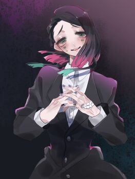 Rule 34 | 1boy, aegyo sal, asymmetrical bangs, black jacket, blush, buttons, colored tips, commentary request, cowboy shot, demon boy, enmu (kimetsu no yaiba), facial mark, fangs, finger tattoo, floating hair, furrowed brow, gradient background, grey background, grin, highres, interlocked fingers, jacket, kanji tattoo, kimetsu no yaiba, long sleeves, male focus, medium hair, misplaced mouth, multicolored hair, open mouth, own hands together, purple nails, raised inner eyebrows, smile, solo, straight-on, suit jacket, symbol-shaped pupils, tareme, tattoo, tears facial mark, teeth, trap, undershirt, upper teeth only, yamazaki ilst