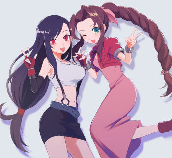 Rule 34 | 2girls, :d, aerith gainsborough, bare shoulders, belt, black hair, black skirt, blush, bracelet, braid, braided ponytail, breasts, brown hair, commentary request, crop top, cropped jacket, dress, earrings, elbow gloves, final fantasy, final fantasy vii, fingerless gloves, gloves, green eyes, grey belt, hair ribbon, highres, holding hands, jacket, jewelry, large breasts, long dress, long hair, looking at viewer, low-tied long hair, midriff, miniskirt, multiple girls, nahogiisio, navel, one eye closed, open mouth, parted bangs, pencil skirt, pink dress, pink ribbon, red eyes, red jacket, ribbon, sidelocks, silver bracelet, simple background, skirt, smile, suspenders, tank top, tifa lockhart, v, white tank top