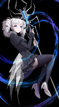 1girl absurdres black_background black_dress black_thighhighs blue_eyes blunt_bangs breasts crown dress drill_hair duel_monster full_body gosegu grey_hair high_heels highres holding holding_staff juliet_sleeves korean_commentary long_sleeves looking_at_viewer parted_lips puffy_sleeves simple_background solo staff thighhighs twin_drills twintails virtual_youtuber waktaverse white_hair yeondo