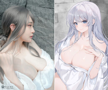 1girl animification art_vs_artist artist_self-insert bare_shoulders blue_eyes blush breasts brick_wall cleavage closed_mouth collarbone commentary english_commentary grey_hair hair_between_eyes hair_ornament highres huge_breasts large_breasts long_hair looking_at_viewer machi_(machi0910) machi_(machi0910)_(person) making-of_available mole mole_on_breast off_shoulder original patreon_username photo_(medium) real_life self-portrait shirt smile sweat wall white_shirt wide_sleeves